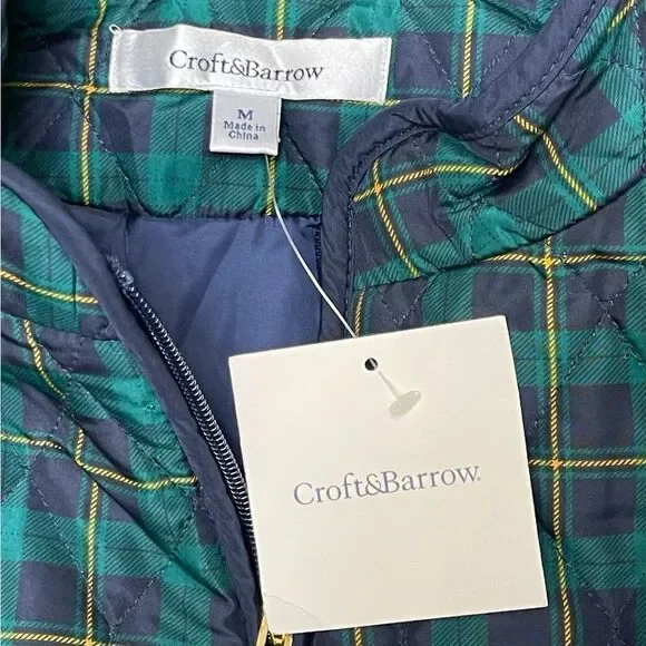 Croft & Barrow NWT Vest Sz M Green Blue Plaid Sleeveless Quilted Full Zip Preppy - Picture 5 of 7